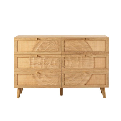Light Wood 6 Drawer Chest with Rattan Front & Carved Detail furnitell