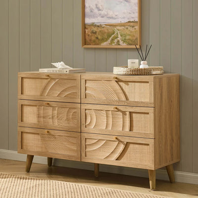Light Wood 6 Drawer Chest with Rattan Front & Carved Detail furnitell