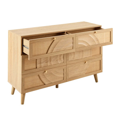 Light Wood 6 Drawer Chest with Rattan Front & Carved Detail furnitell
