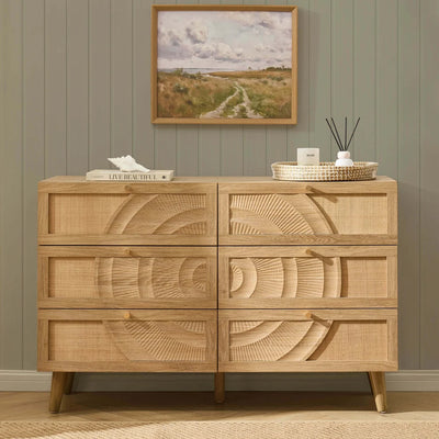 Light Wood 6 Drawer Chest with Rattan Front & Carved Detail furnitell
