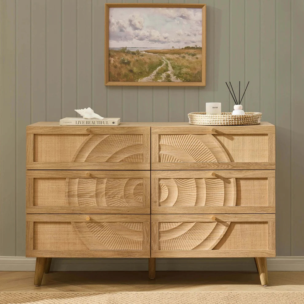 Light Wood 6 Drawer Chest with Rattan Front & Carved Detail furnitell