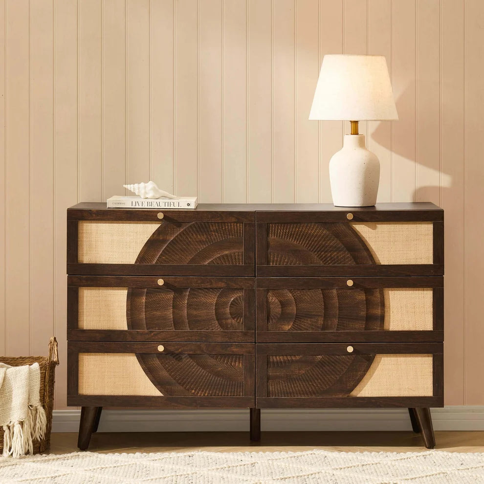 Walnut 6 Drawer Chest with Rattan Front & Carved Detail Furnitell
