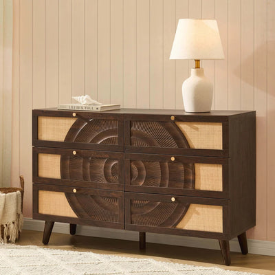 Walnut 6 Drawer Chest with Rattan Front & Carved Detail Furnitell