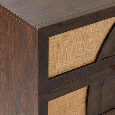Walnut 6 Drawer Chest with Rattan Front & Carved Detail Furnitell