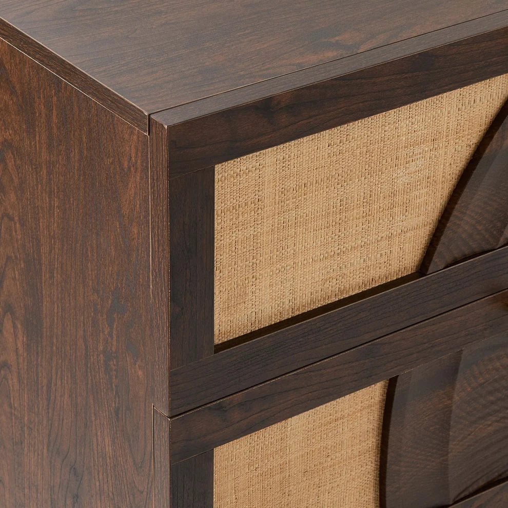 Walnut 6 Drawer Chest with Rattan Front & Carved Detail Furnitell