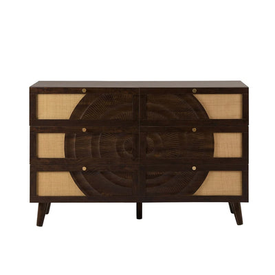 Walnut 6 Drawer Chest with Rattan Front & Carved Detail Furnitell
