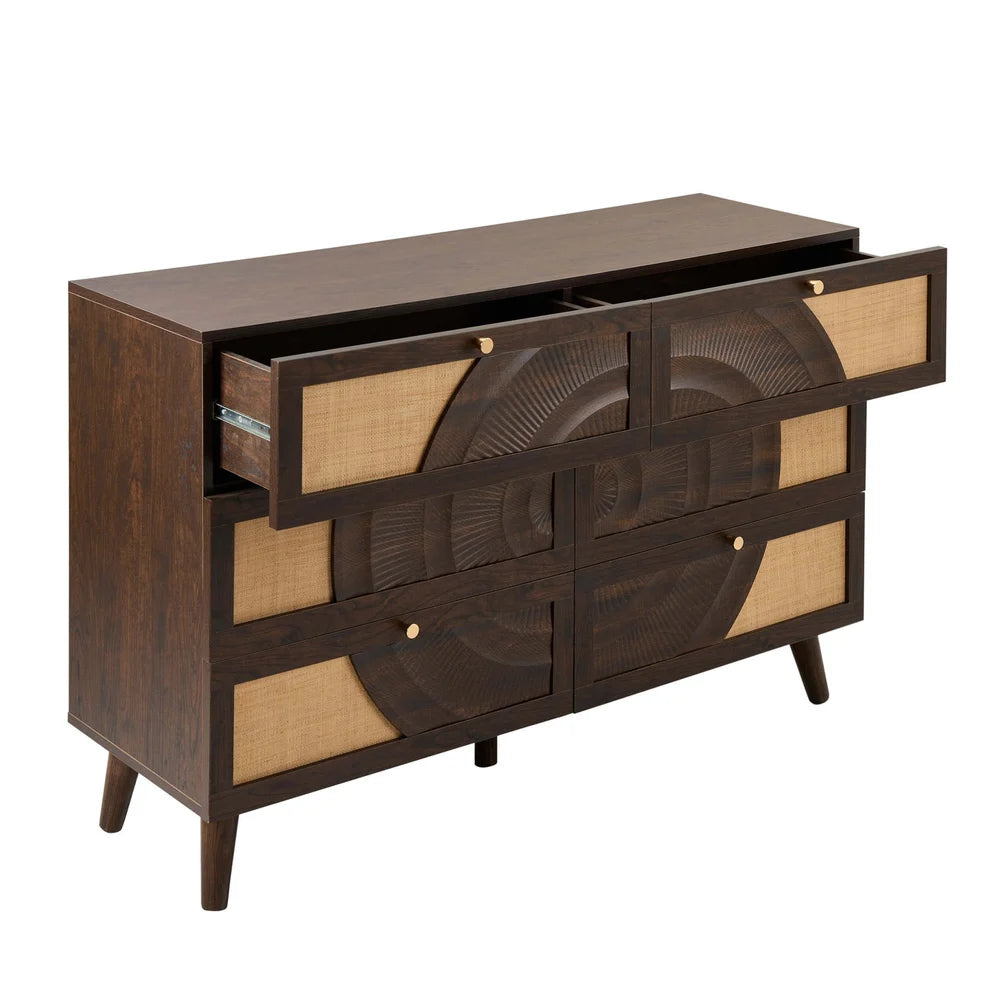 Walnut 6 Drawer Chest with Rattan Front & Carved Detail Furnitell