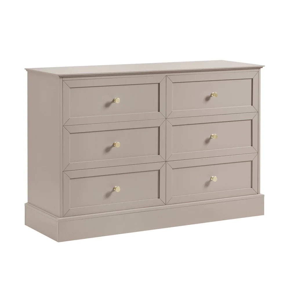 Taupe 6 Drawer Chest with Gold Knobs Furnitell