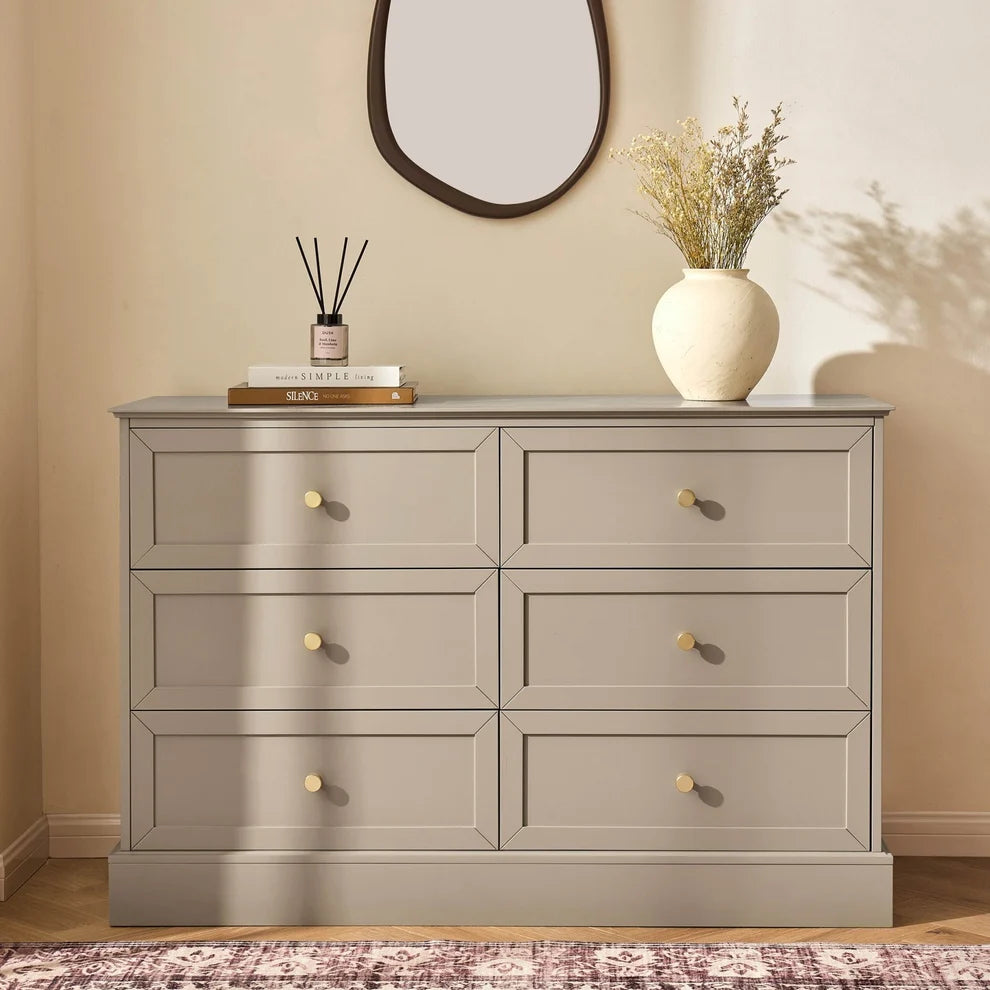 Taupe 6 Drawer Chest with Gold Knobs Furnitell