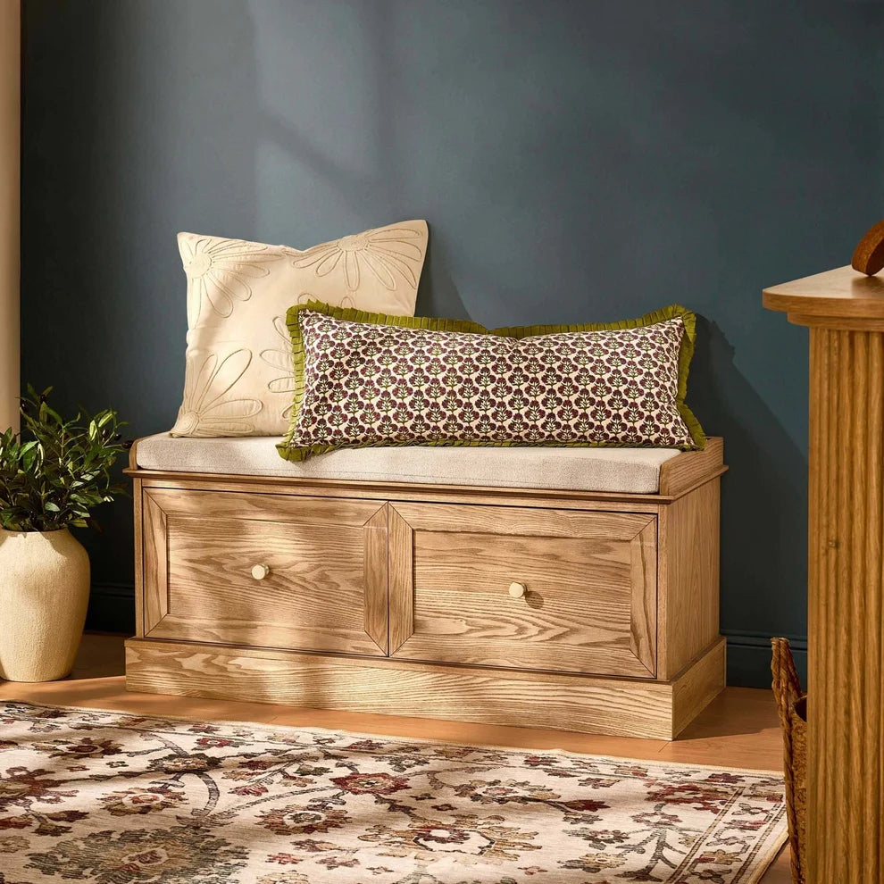 Light Wood Storage Bench with Cushioned Seat & 2 Drawers furnitell