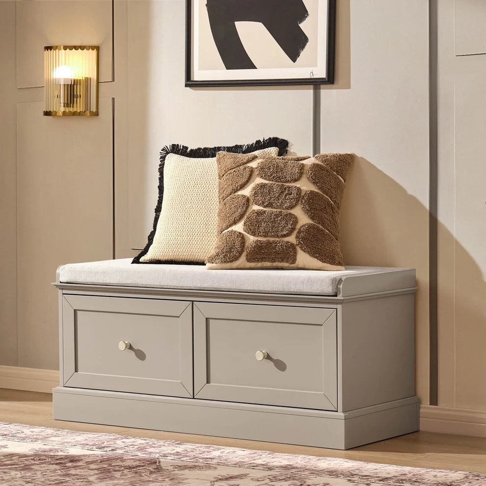 Taupe Storage Bench with Cushioned Seat & 2 Drawers Furnitell