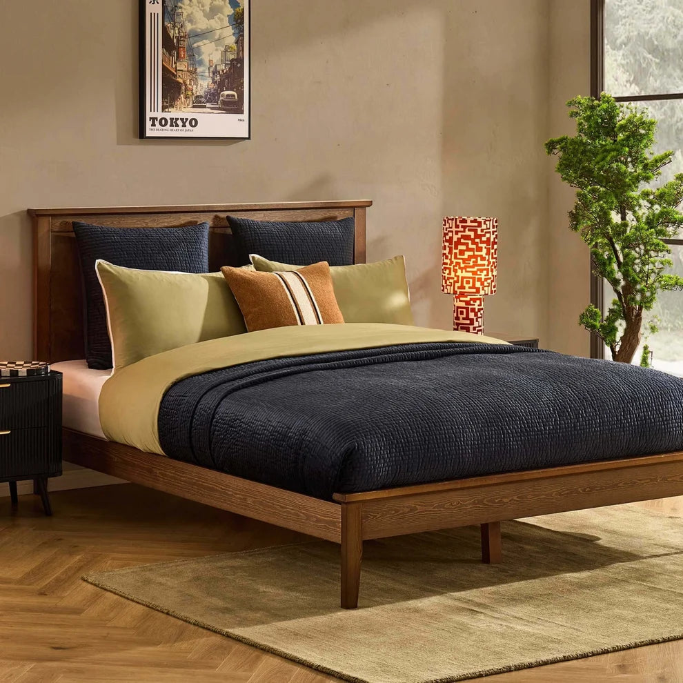 Walnut Brown Wooden Bed with Panel Headboard furnitell