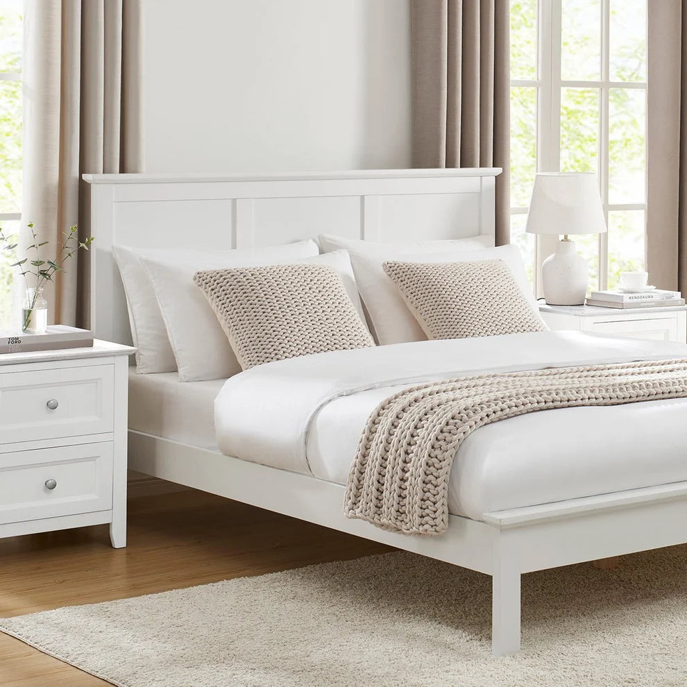White Wooden Bed Frame with Panel Headboard furnitell