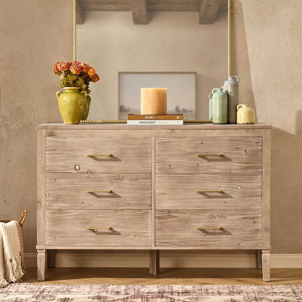 Washed Wood 6 Drawer Chest with Gold Handles & Raised Legs Furnitell
