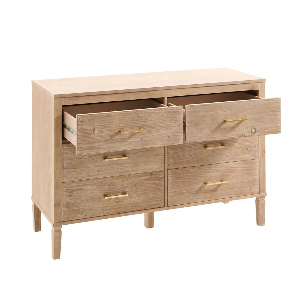 Washed Wood 6 Drawer Chest with Gold Handles & Raised Legs Furnitell