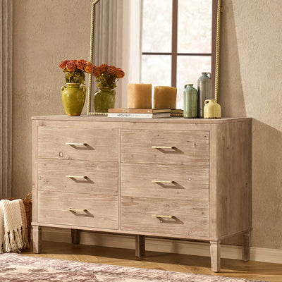 Washed Wood 6 Drawer Chest with Gold Handles & Raised Legs Furnitell