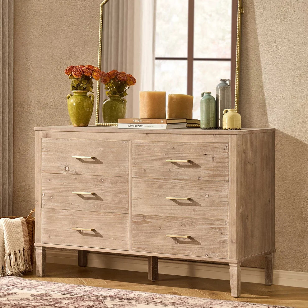 Washed Wood 6 Drawer Chest with Gold Handles & Raised Legs Furnitell