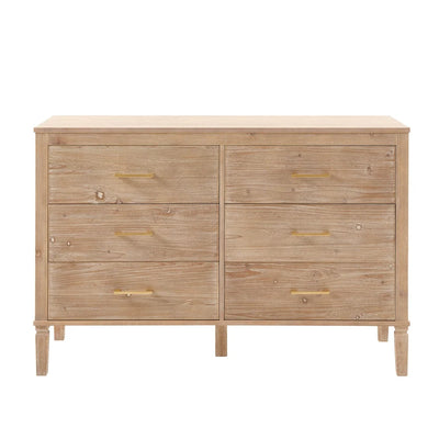 Washed Wood 6 Drawer Chest with Gold Handles & Raised Legs Furnitell