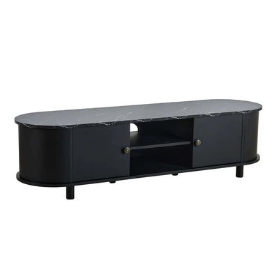 Black Wooden TV Unit with Marble Top, 2 Doors & Open Shelves furnitell