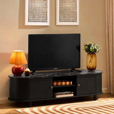Black Wooden TV Unit with Marble Top, 2 Doors & Open Shelves furnitell