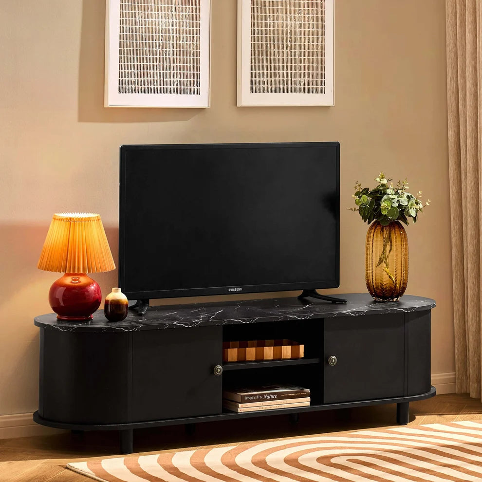 Black Wooden TV Unit with Marble Top, 2 Doors & Open Shelves furnitell