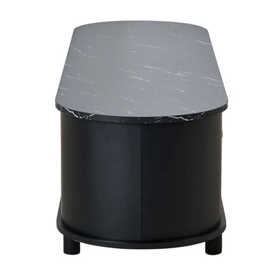 Black Wooden TV Unit with Marble Top, 2 Doors & Open Shelves furnitell